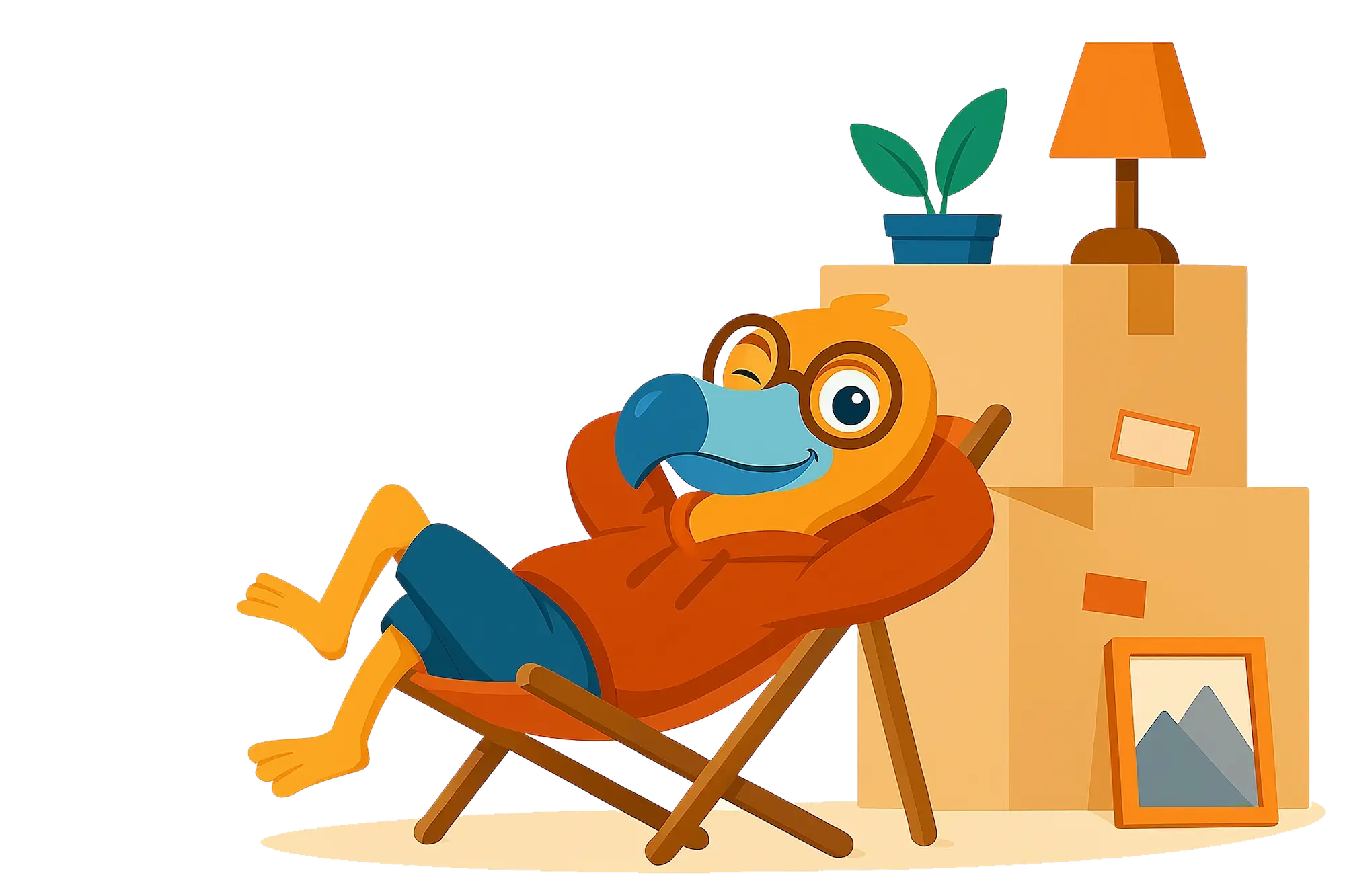 mascotte Dodomove dans transat avec cartons